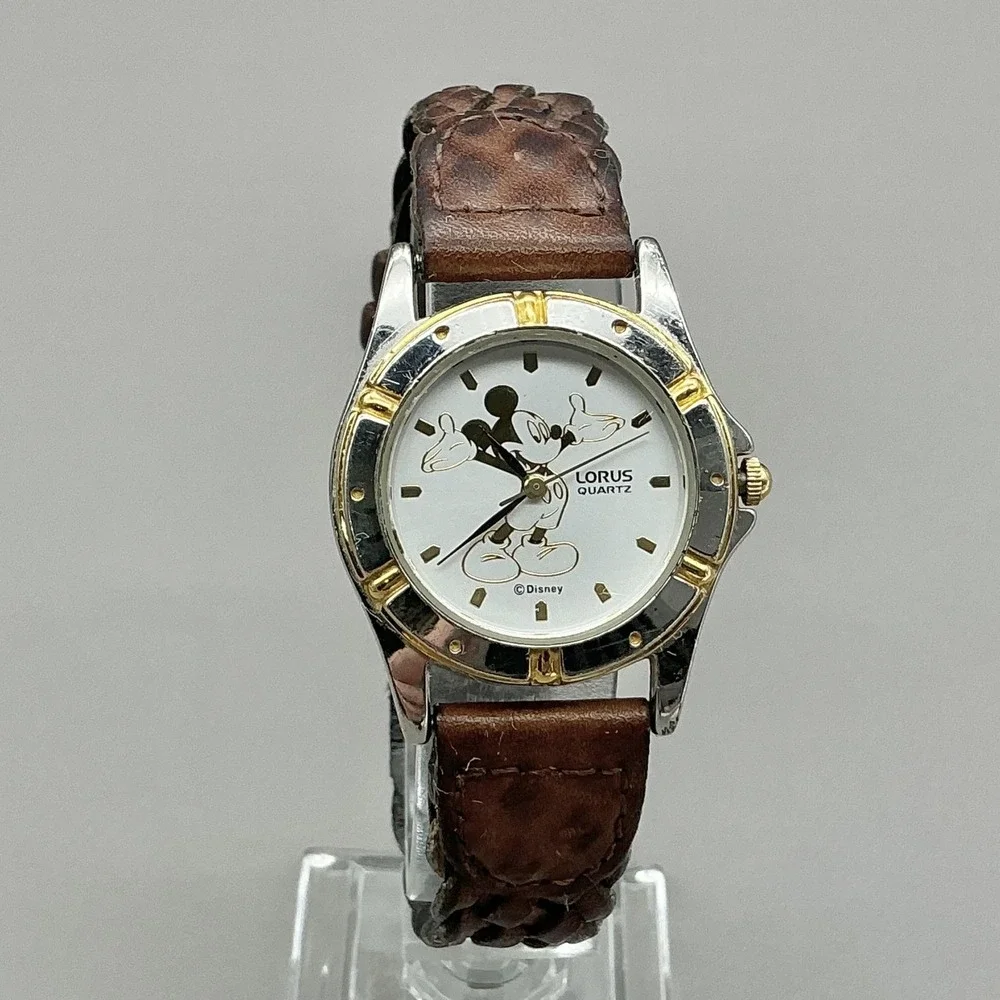 Vintage Lorus Womens Watch White Dial Brown Braided Leather Mickey Mouse Quartz